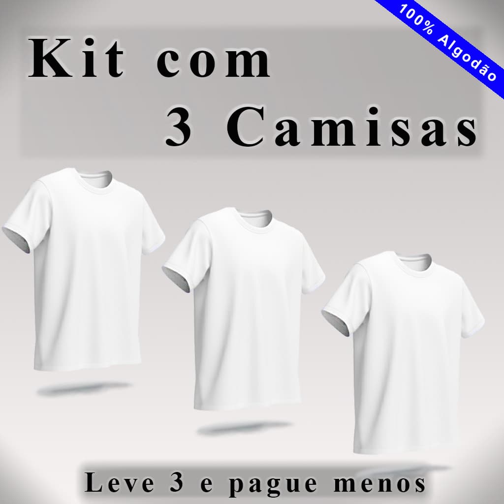 Kit 3 Camisetas, Branca básica lisa 100% Algodão, Preço de fábrica! Camiseta branca de algodão.