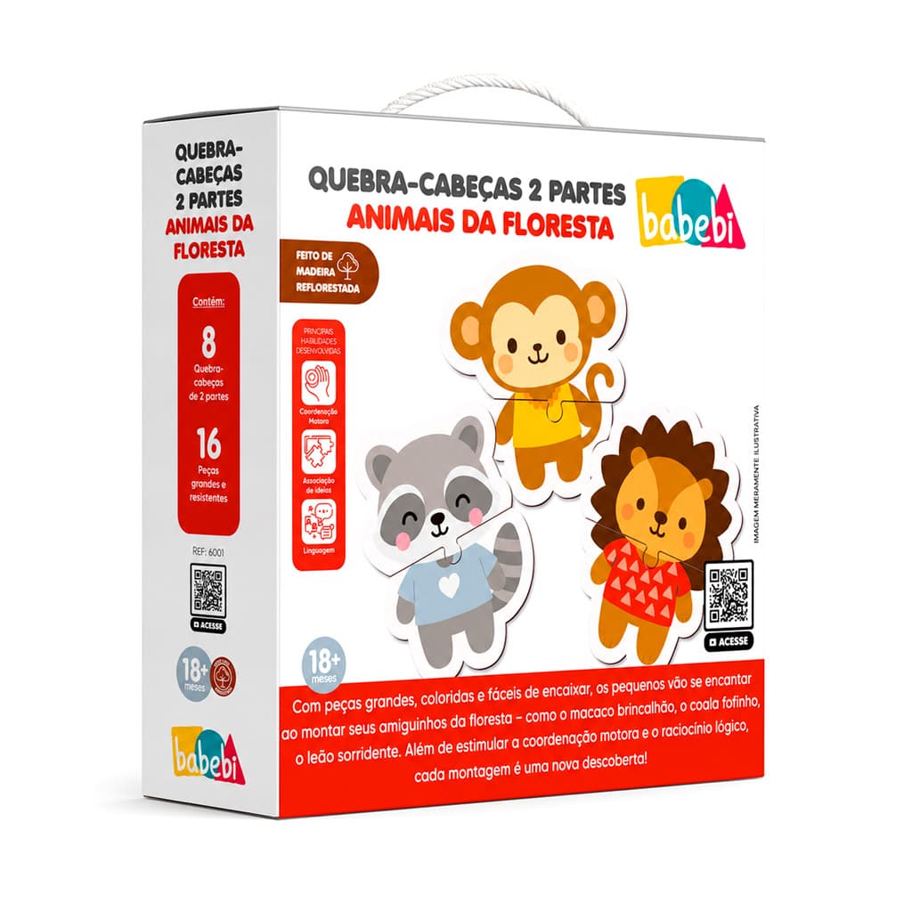 Quebra-Cabeça 2 Partes Madeira 8 Animais Da Floresta Brinquedo Pedagógico Para Bebês - Babebi