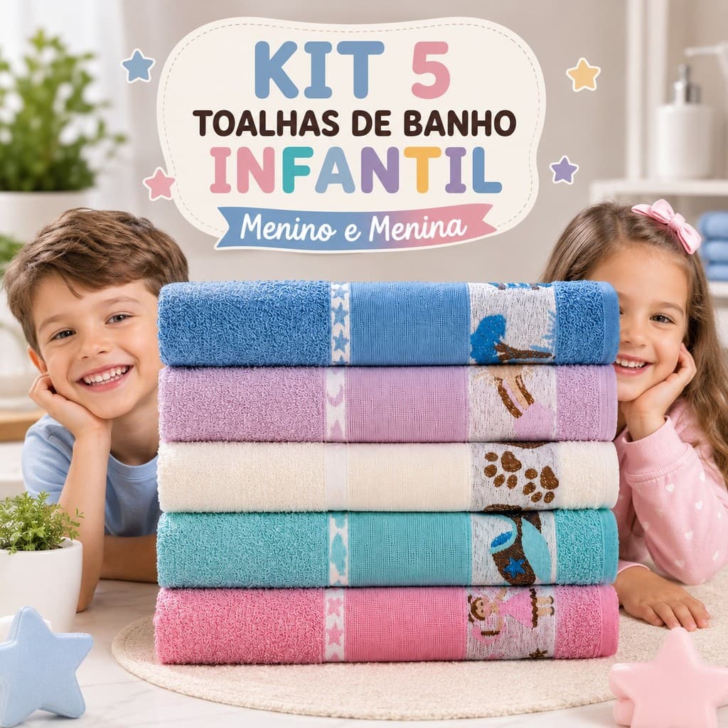 Kit 5 Toalhas de Banho 40 x 120cm Infantil Felpudas Estampadas Macias Alta Absorção 100% Algodão