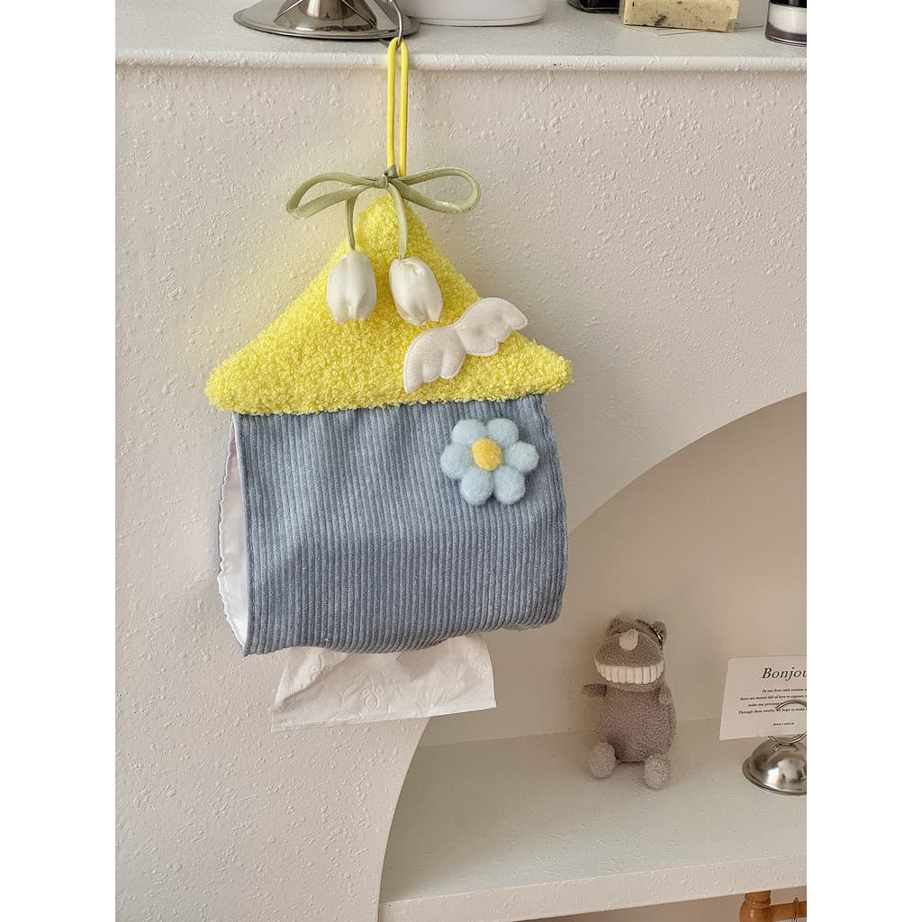 Saco de tecido pendurado flor bonito pequena casa caixa de tecido tecido saco de armazenamento de papel higiênico saco d