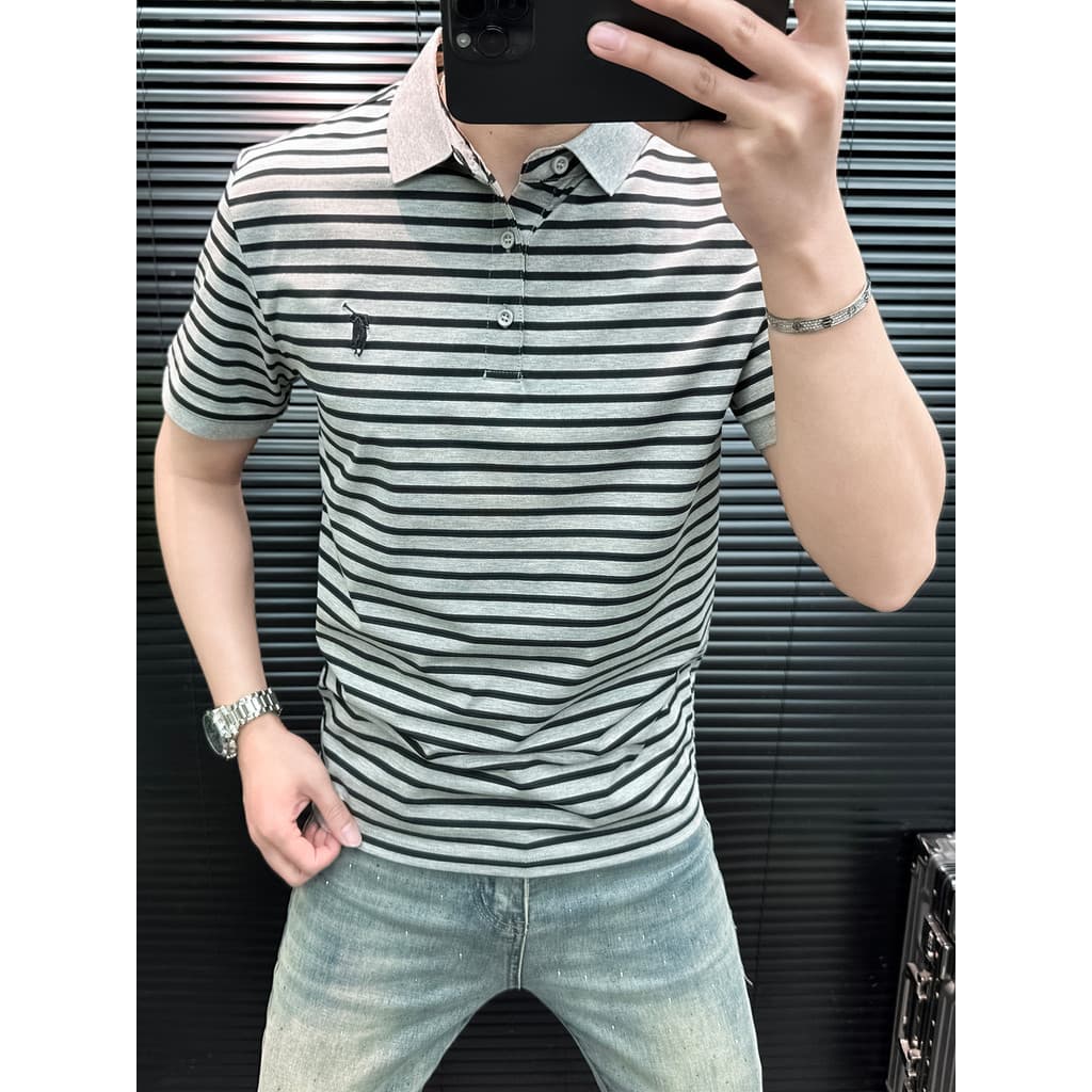 High-End Street Wear bordado listrado camisa Polo de manga curta na moda masculina simples lapela magro-ajuste camiseta