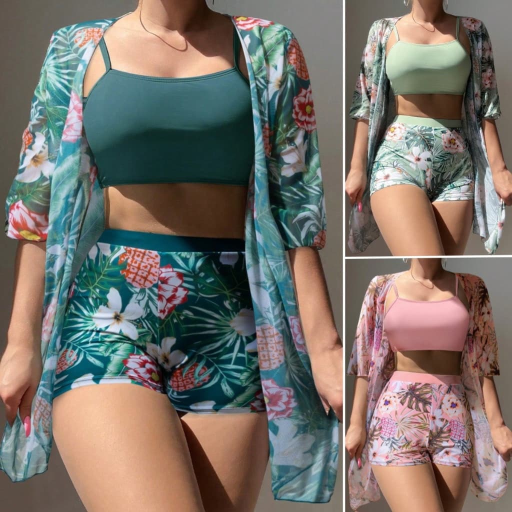 Conjunto de Biquíni Feminino com Estampa e Cordão Ajustável, Inclui Kimono de Praia, Conjunto de Biquíni de Três Peças C
