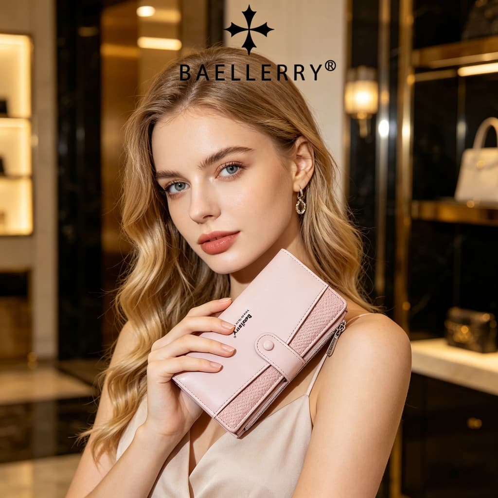 Carteira feminina longa, estilo coreano, combinação de couro e PU, botão de pressão elegante, múltiplos compartimentos p