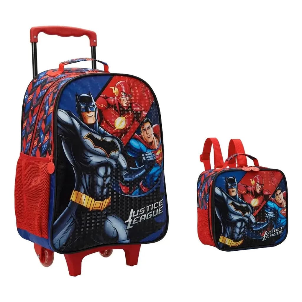 Kit Mochila Rodinhas Lancheira Liga Da Justiça Pequeno 14