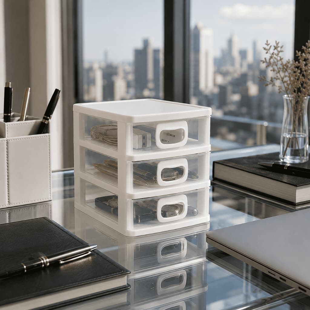 Organizador De Mesa Gaveteiro Micro Porta Tudo 3 Gavetas Cor Branco e Preto