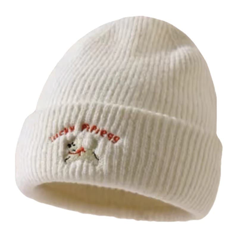 Gorro de malha bordado com estampa de filhote, gorro de lã quente que afina o rosto, gorro versátil para casais para o o