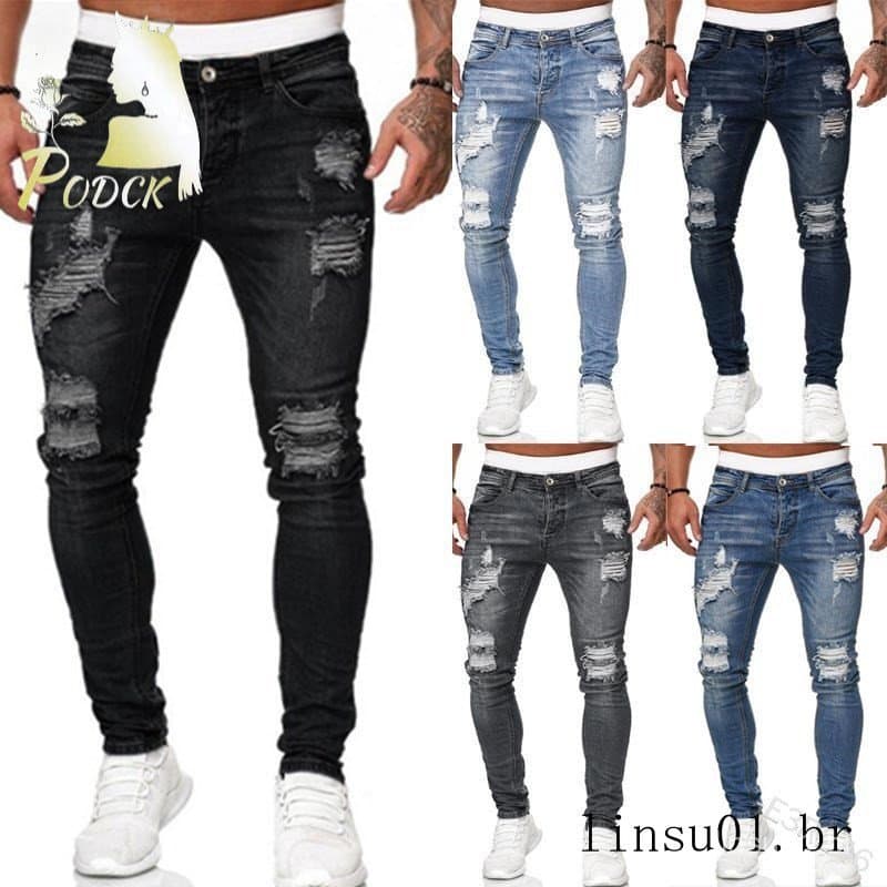Homens Jeans magros emblema europa américa venda quente calças magras novo estilo rasgado