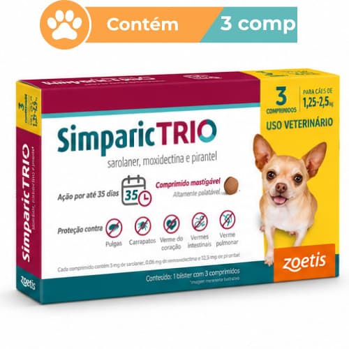 Antipulgas Simparic Trio 3mg Cães 1,25 a 2,5kg 3 Comprimidos