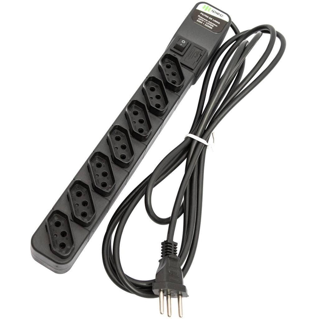 Filtro de Linha IPEC 7 Tomadas 3P 12A Cabo 3m Bivolt Fusível de Proteção Liga/Desliga ABS Antichamas