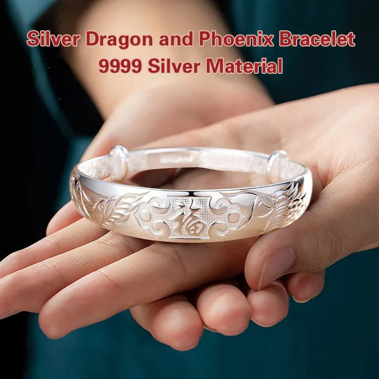 [Estilo Clássico Unissex] JS-9999 Pulseira Ajustável/Dragão e Fênix/Prata 999/Pulseira Masculina Feminina