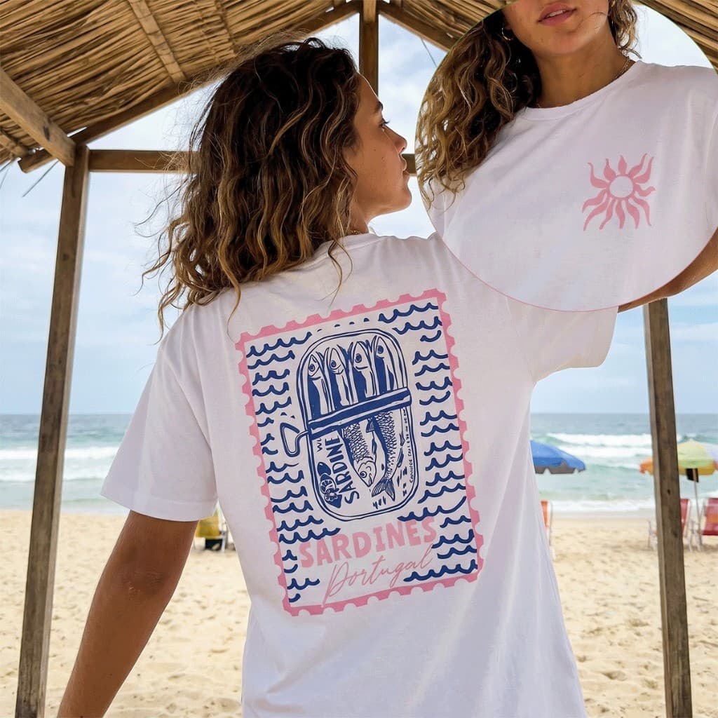 Camisa Camiseta Sardines Portugal T-Shirt Feminina Estilo Modinha Casual 100% Algodão Premium