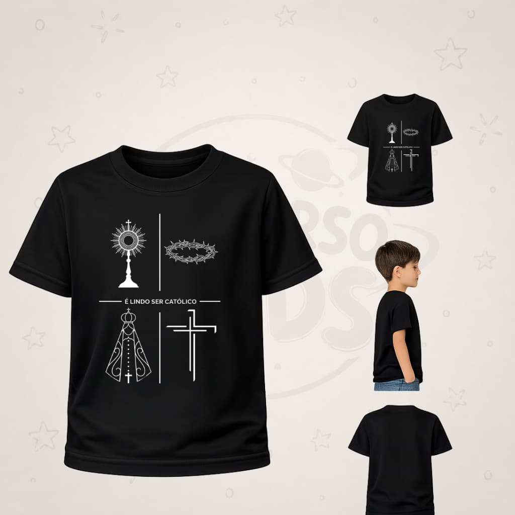 Camiseta Infantil Juvenil Estampada Católica "É lindo ser católico" 100% Algodão Camisa Premium