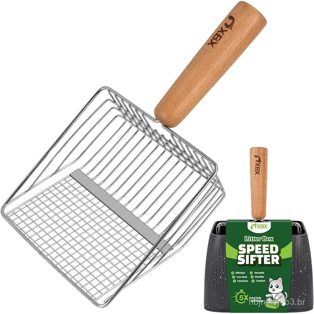 Pá para Areia de Gato XBX com Suporte, Peneira de Areia Resistente, Pá de Areia em Aço Inoxidável, Pá com Cabo de Madeir