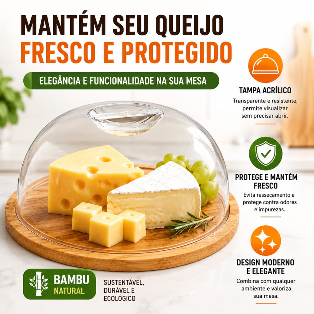 Porta Queijo Queijeira Ou Madeira Bambu Com Tampa Em Acrílico Mesa Posta
