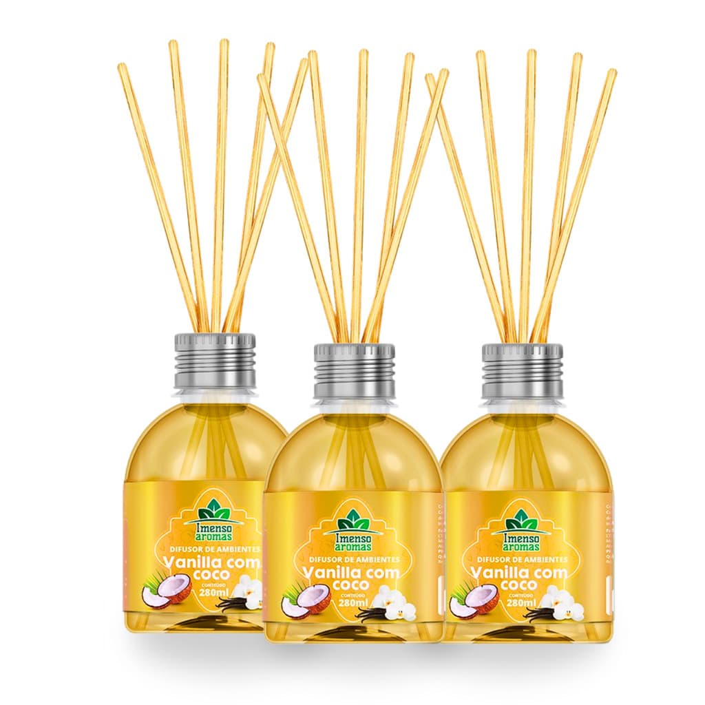 Kit 3 Difusores de Aromas Vanilla com Coco 280ml com Varetas Aromatizador de Ambiente Perfumador