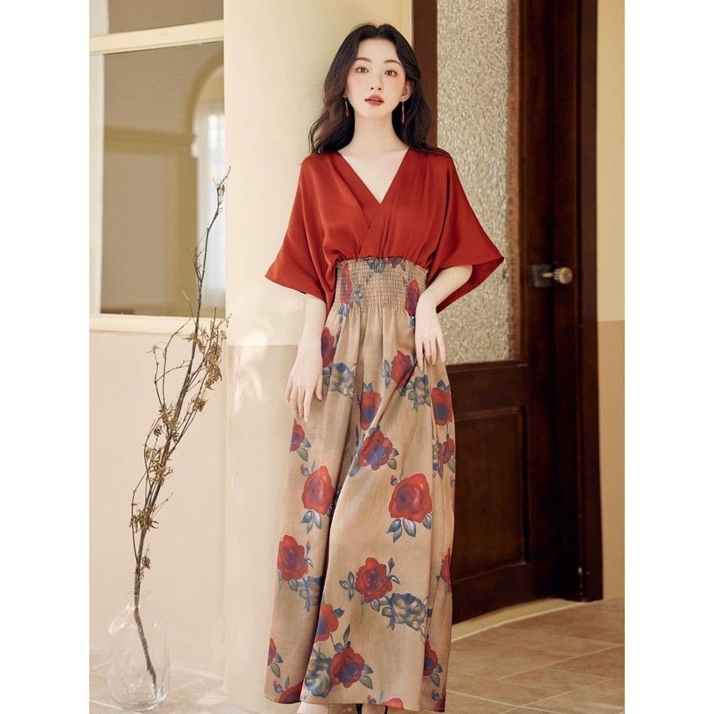 [WDF] Novo vestido vermelho falso de duas peças estilo étnico retrô chinês, saia longa feminina com Design de nicho de a