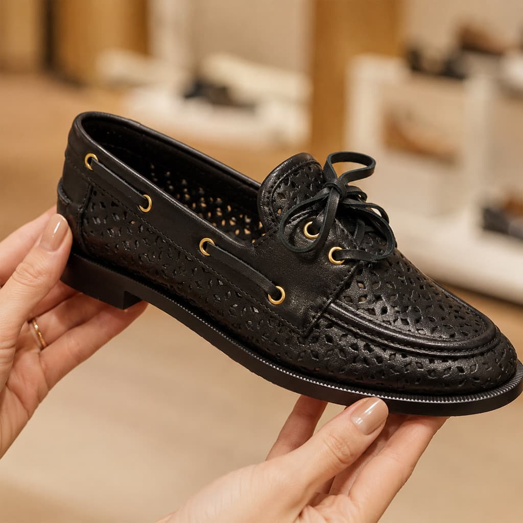 Mocassim Feminino Preto Vazado com Cadarço Loafer Confortável Bico Redondo Salto Baixo Casual
