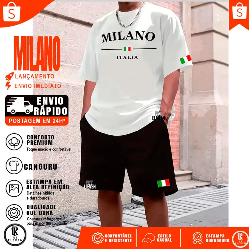 Conjunto Camiseta + Short Moletom Milano Itália Street Camiseta Malha Linha Premium + Short Mauricinho RT Elev
