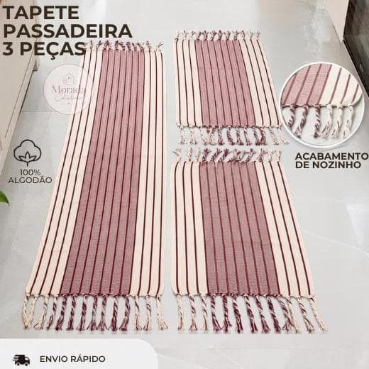 Passadeira Para Cozinha Jogo Tapete 3 Peças Tear Estampa Listrada Várias Cores 100% Algodão Antiderrapante