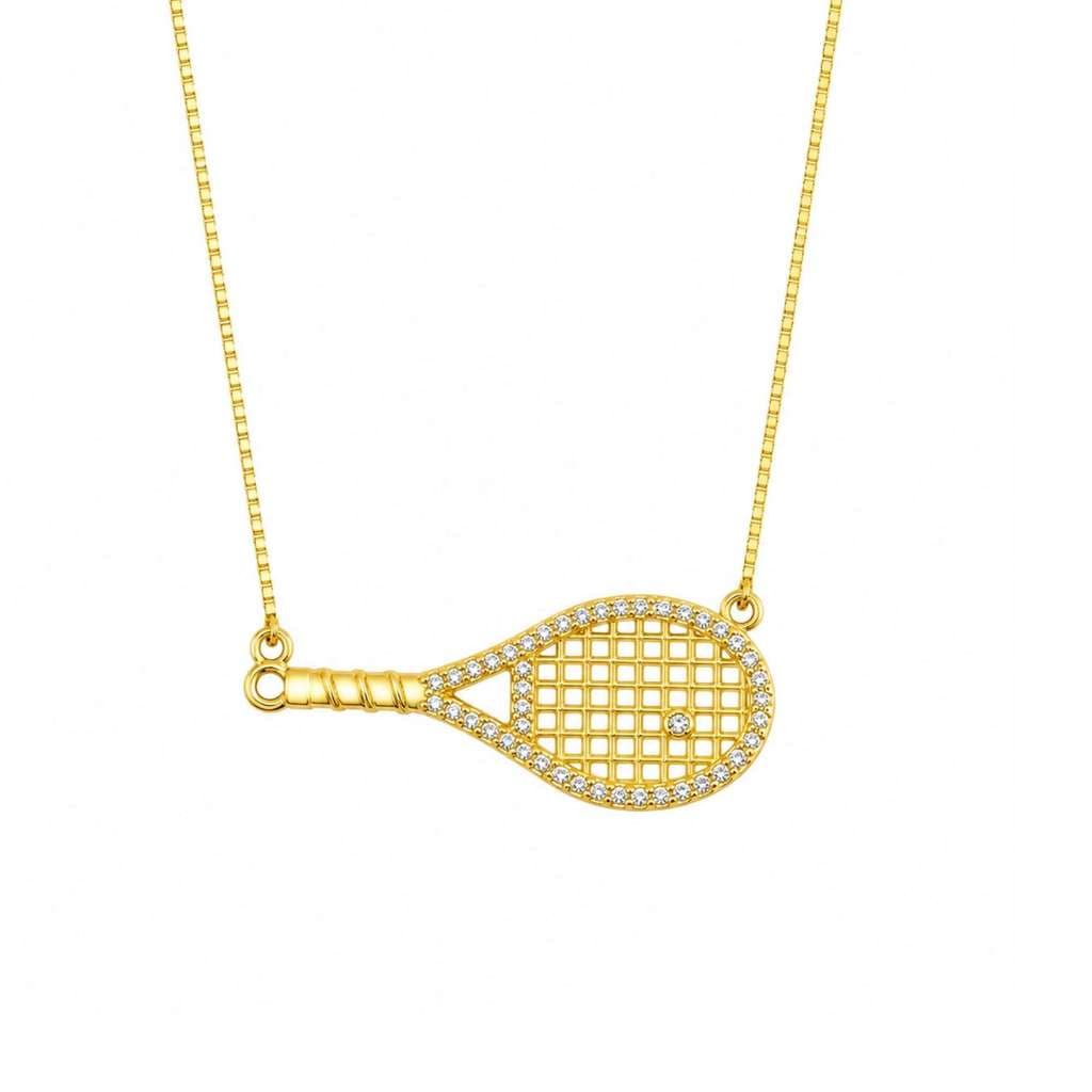 Colar Raquete Beach Tennis de Zirconias Folheado em Ouro 18k