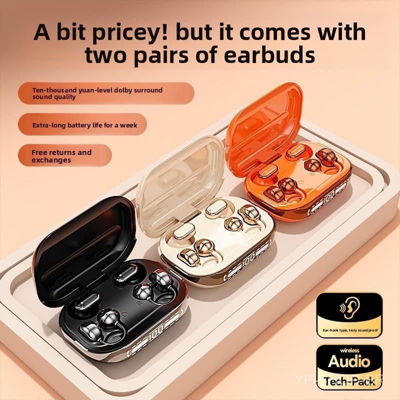 Fones de Ouvido Bluetooth Sem Fio com Chip 6.0, Estilo Clip-On Intra-Auricular para Reprodução Compartilhada, Dois Fones