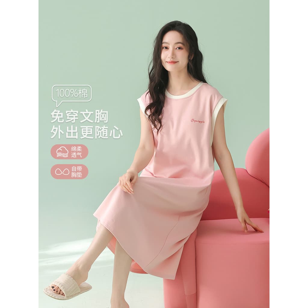 Fenteng Ke'an Camisola feminina verão algodão puro com almofada no peito pijama feminino de manga curta rosa feminino 20