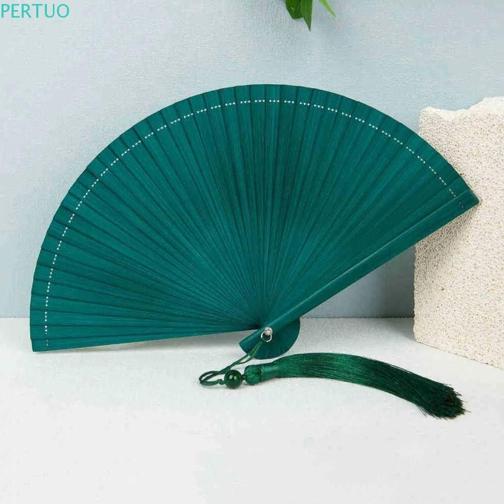 Ventilador De Bambu De Cor Sólida PERTUO , Dobrável Portátil Com Borla Retrô Quimono Clássico Estilo Chinês Requintado
