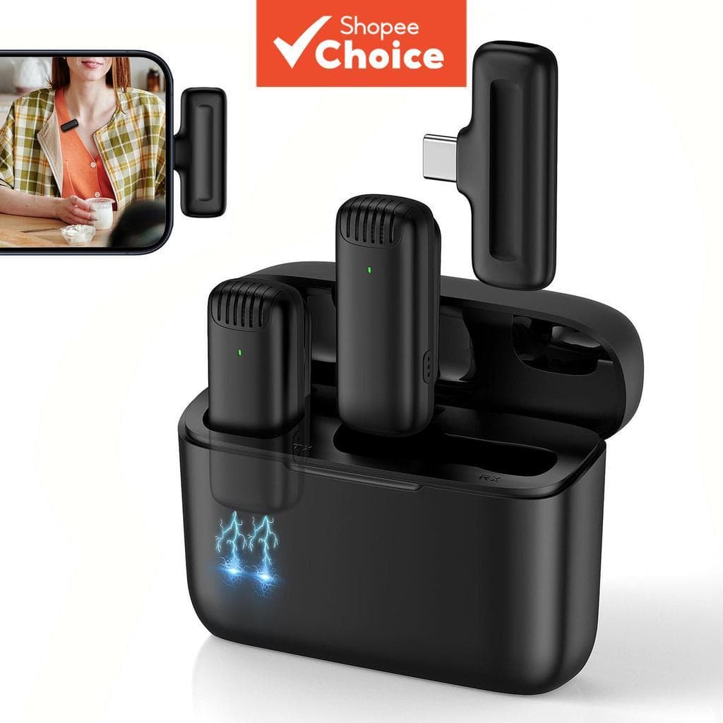 Microfone de Lapela Duplo Wireless para iPhone Android Redução Inteligente de Ruído