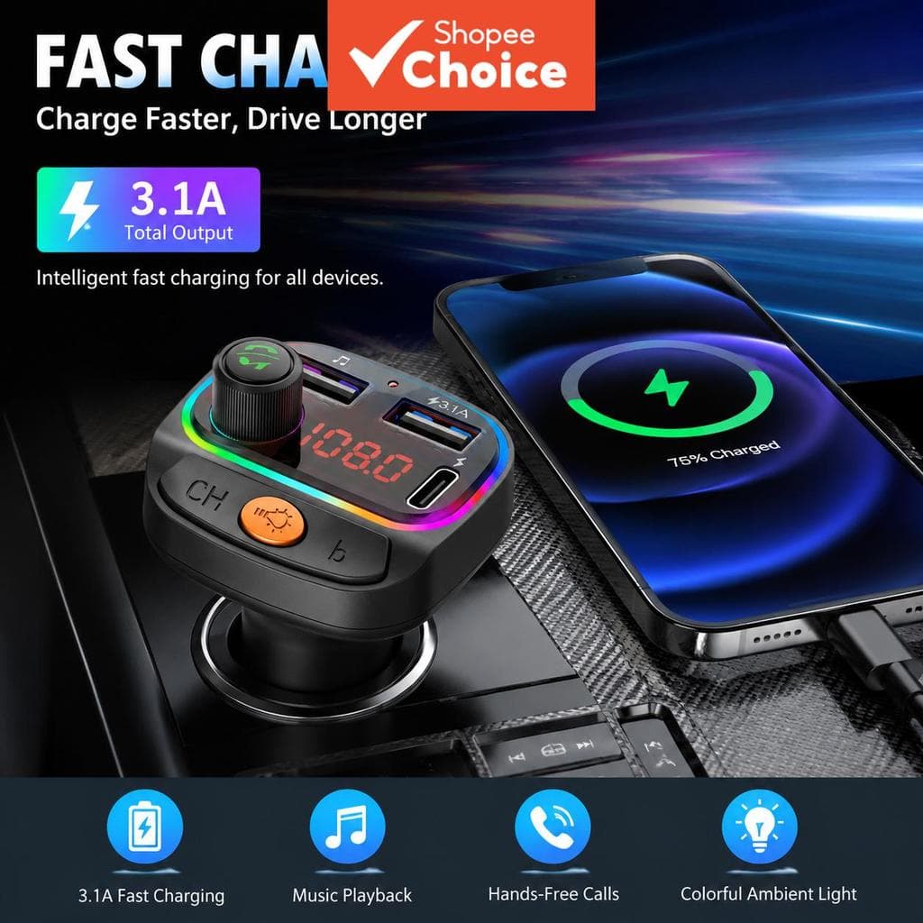 Carregador De Carro USB Duplo BLUETOOTH 5.0 Transmissor Fm Mp3 Player Flash Drive
