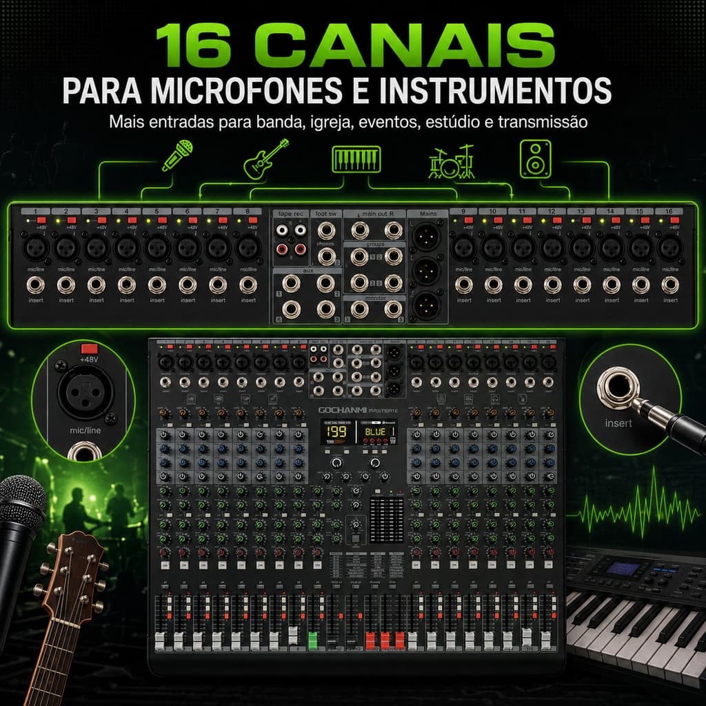 Mixer de Áudio Master16 16 Canais com 199 Efeitos DSP 4 Grupos USB Bluetooth Bivolt 110V 220V
