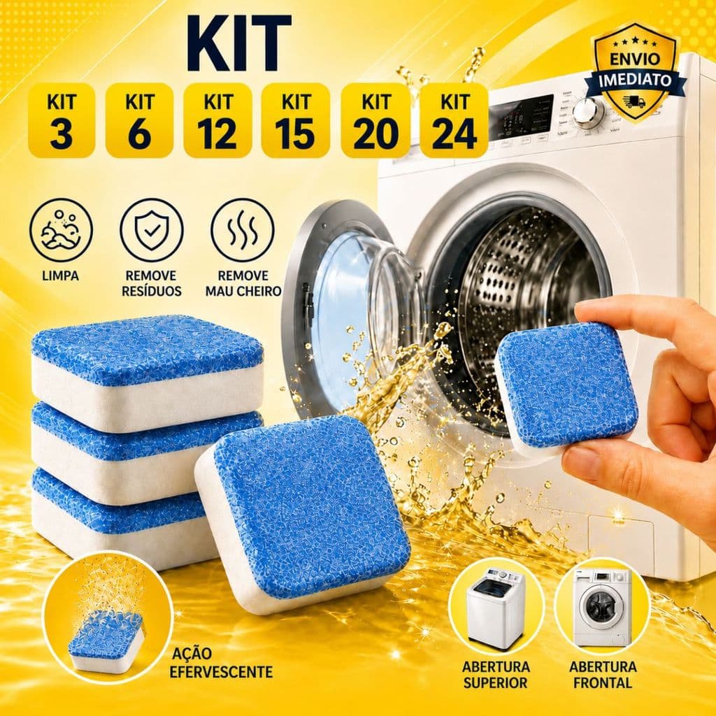 Kit Pastilhas Efervescentes Limpa Máquina de Lavar Roupa Remove Mau Cheiro e Resíduos Higienizador Multifuncional