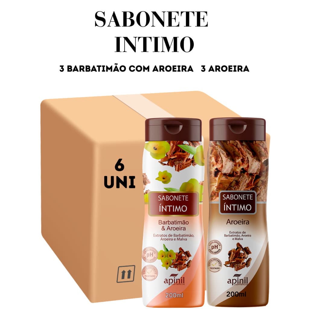 Kit 06 Unidades Sabonete Intimo 3 Barbatimão com Aroeira 3 Aroeira 200ML Apinil (Campanha)