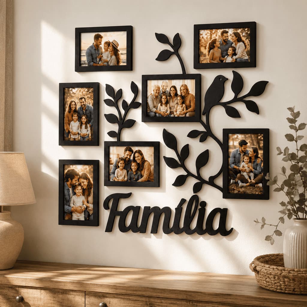 Mural Família MDF Porta-Fotos 7 Molduras 10x15 com Galhos e Pássaros