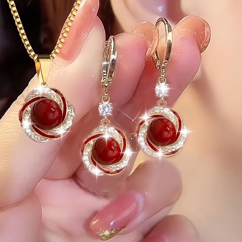 Jóias explosão rotativa luz ágata vermelha europeu americano brincos temperamento zircônio flor vermelho colar pedra con