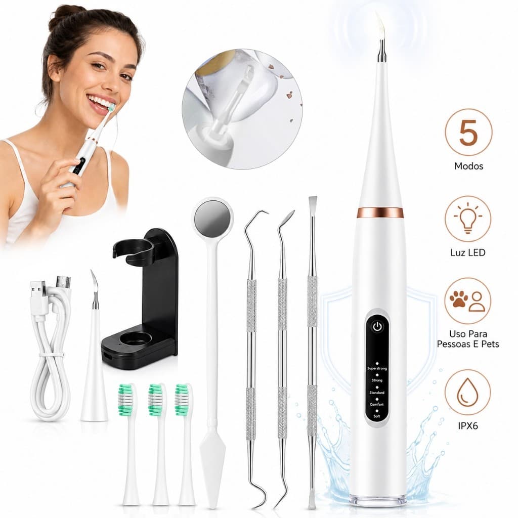 2 IN 1 Kit Escova Dental Elétrica Limpador Ultrassônico 5 Modos LED IPX6 Com Base Recarregável