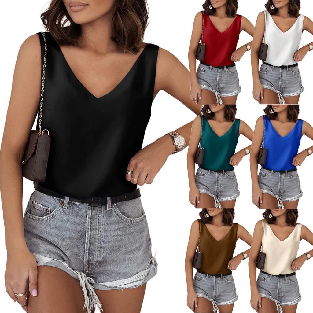 Camisetas sem mangas de seda acetinada para mulheres, blusas de seda com decote em V, blusa de cetim de verão, camisola