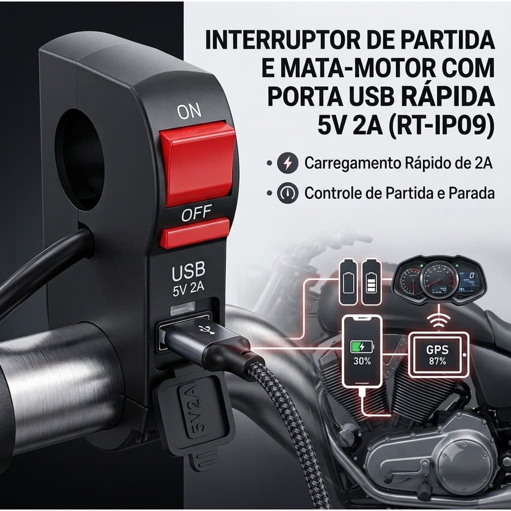 BOTÃO INTERRUPITOR LIG/DESL  C/CARREGADOR  USB  UNIVERSAL  PARA MOTO RT   (IP09)