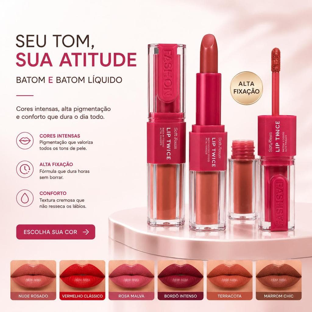 Ruby Rose Batom Duo Lip Twice - Batom 2 em 1 com Alta Pigmentação e Longa Duração Líquido e Bala para Lábios Impecáveis