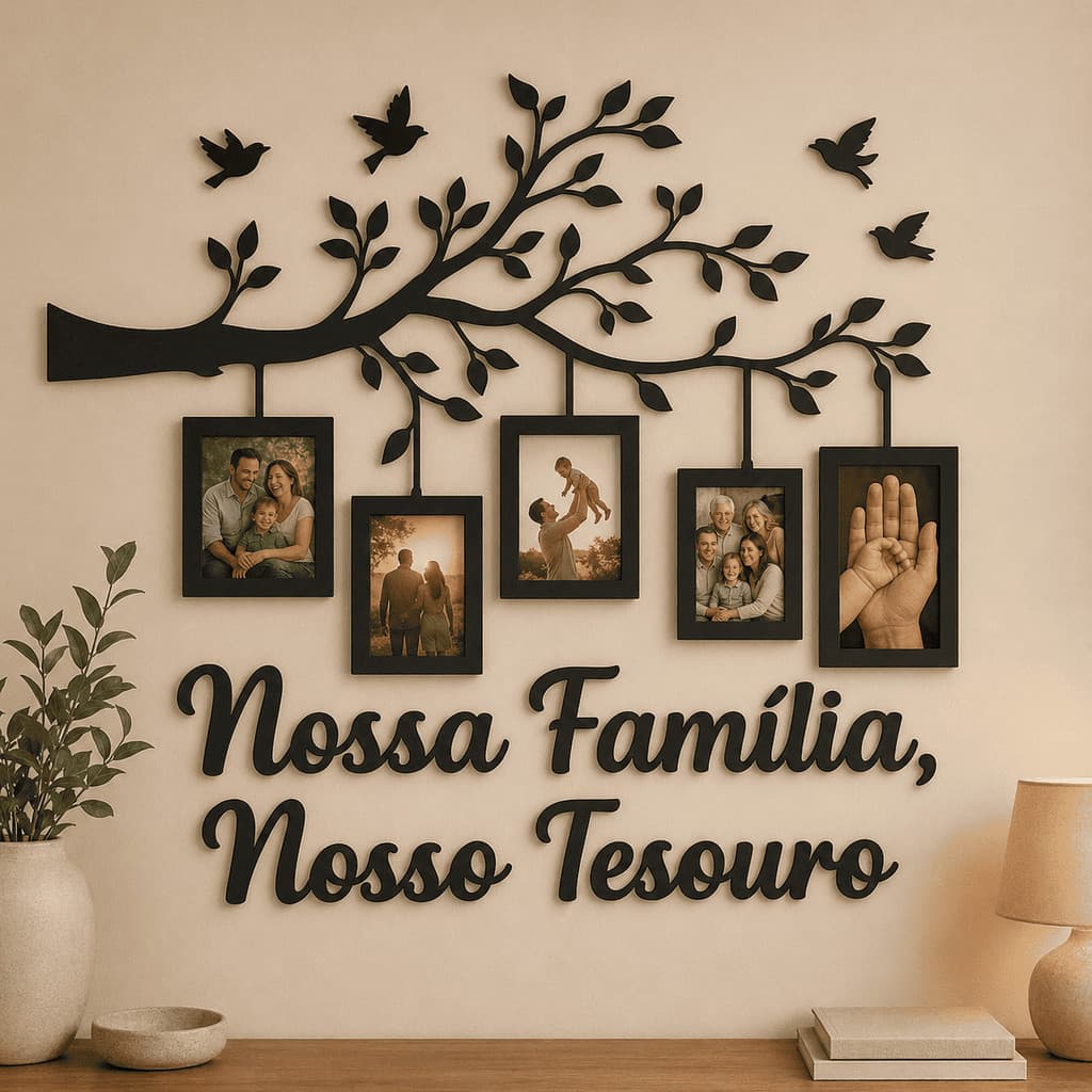 Porta Retrato Árvore da Família em MDF para 5 Fotos Decoração de Parede Nossa Família Nosso Tesouro