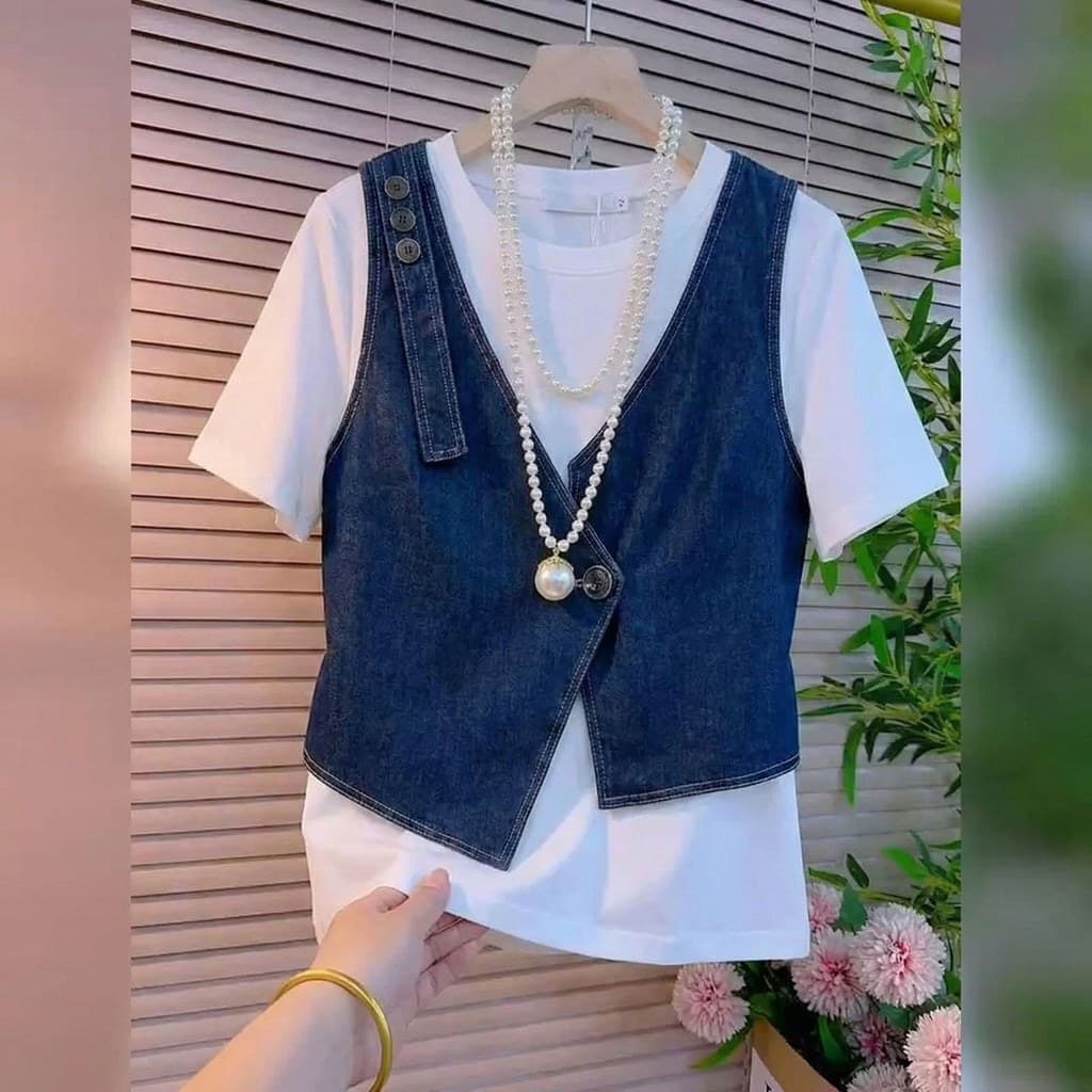 Tamanho grande Design Retro sentir falso de duas peças Denim costura de manga curta camiseta feminina 2026 capa barriga