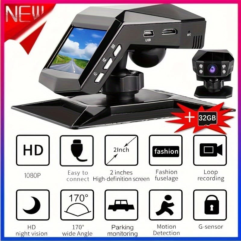 [Câmera Veicular 1080P 32GB] Câmera Veicular HD 1080P com Cartão de 32GB - Lente Grande Angular, Visão Noturna e Monitor