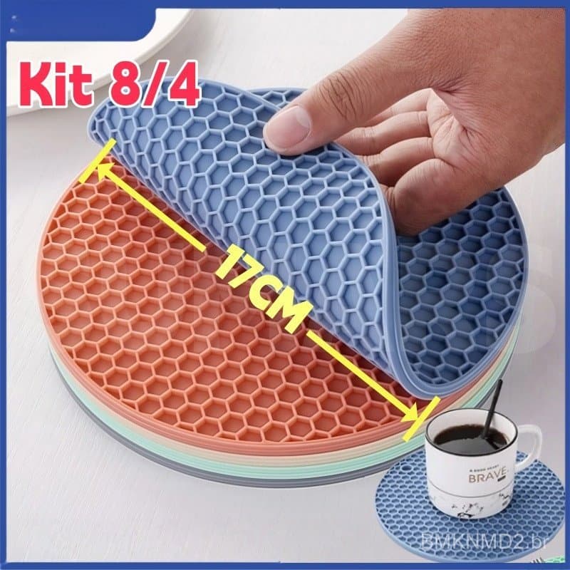 Kit 8/4 Descansos Panela em Silicone Protetor Resistente 17cm Antiderrapante Coaster Para Talheres