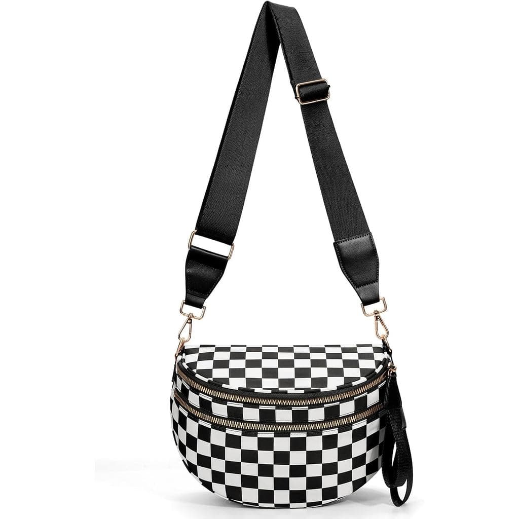 Bolsa transversal xadrez feminina, bolsa de mão de nylon xadrez, bolsa de cintura xadrez.