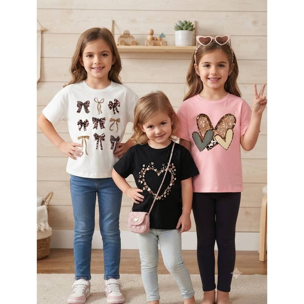 Kit 3 Camisetas Infantil Meninas Estampa Delicada Laço Coração Oncinha Tendência Infantil 100% Algodão