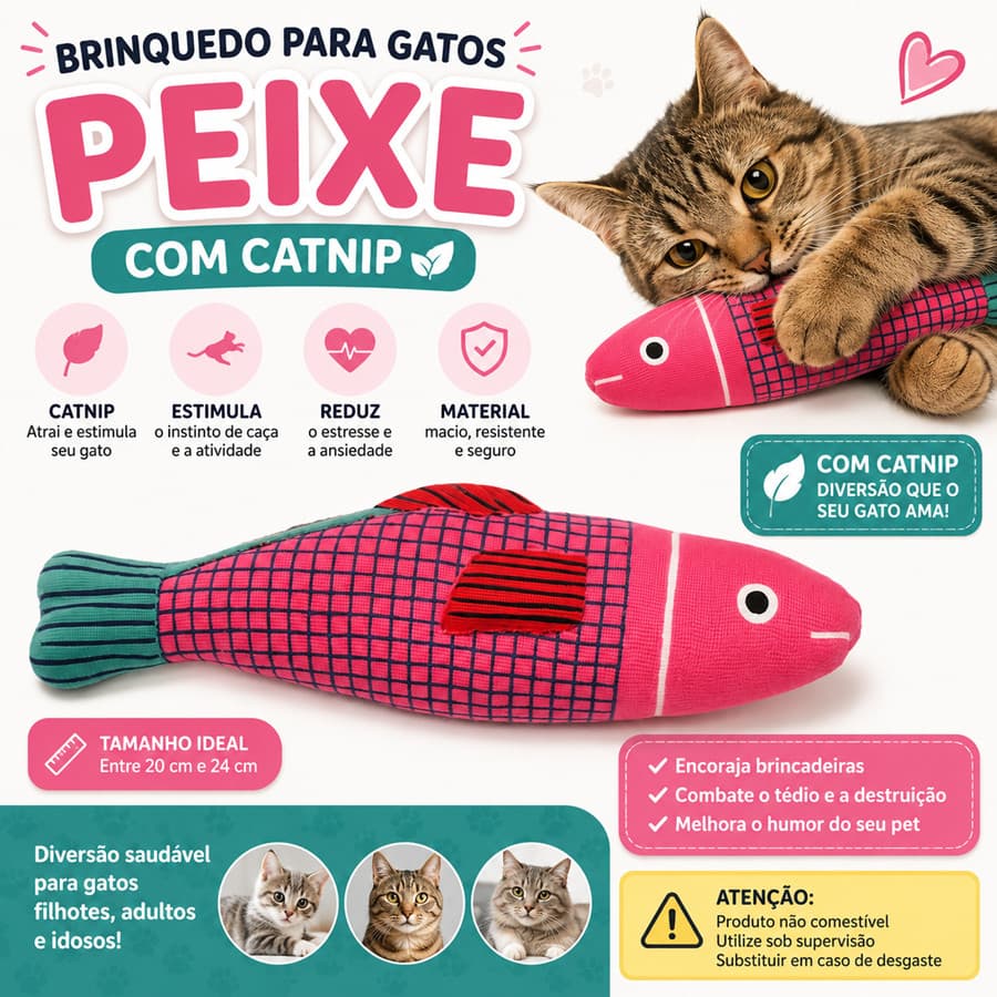Brinquedo para Gato Peixe com Catnip Pelúcia Interativa Antiestresse Mordedor Filhotes e Adultos 20-24cm