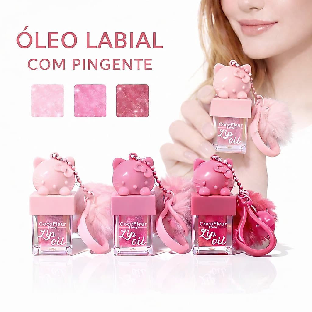 CocoFleur Óleo Labial com Pingente Ursinho e Pompom 6,7ml Hidratante Brilho Gloss Chaveiro Fofo Feminino