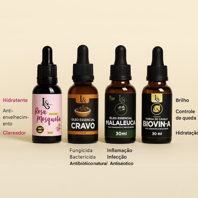 Kit 4 Óleos L&Beauty Biovin-A Rosa Mosqueta Melaleuca Cravo 100% Puro Cabelo Rosto e Corpo