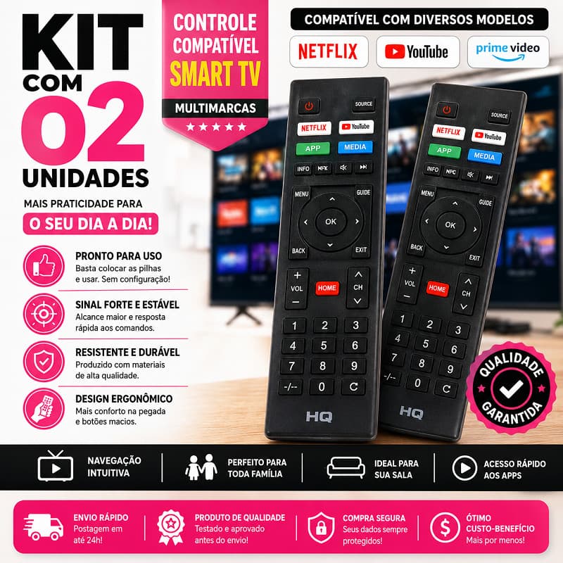 Controle Remoto Compatível Smart TV HQ Hqs32nkh Hqs43nkh Hk320df 60 UHD 4K HDR - Netflix, YouTube, Prime! COMPATÍVEL