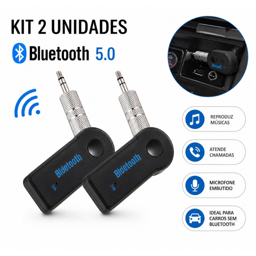 kit 02 Adaptador Receptor Bluetooth P2 3.5mm para Som Carro AUX Música e Chamada Sem Fio