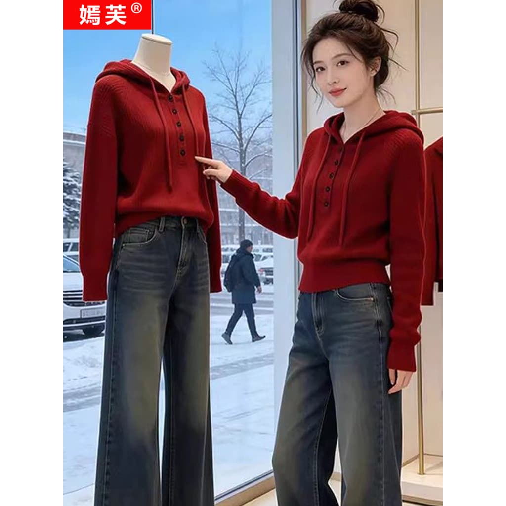 Yanfu Casual estilo preguiçoso lã vermelha com capuz camisola feminina 2026 novo estilo camisa de fundo solto pulôver ca